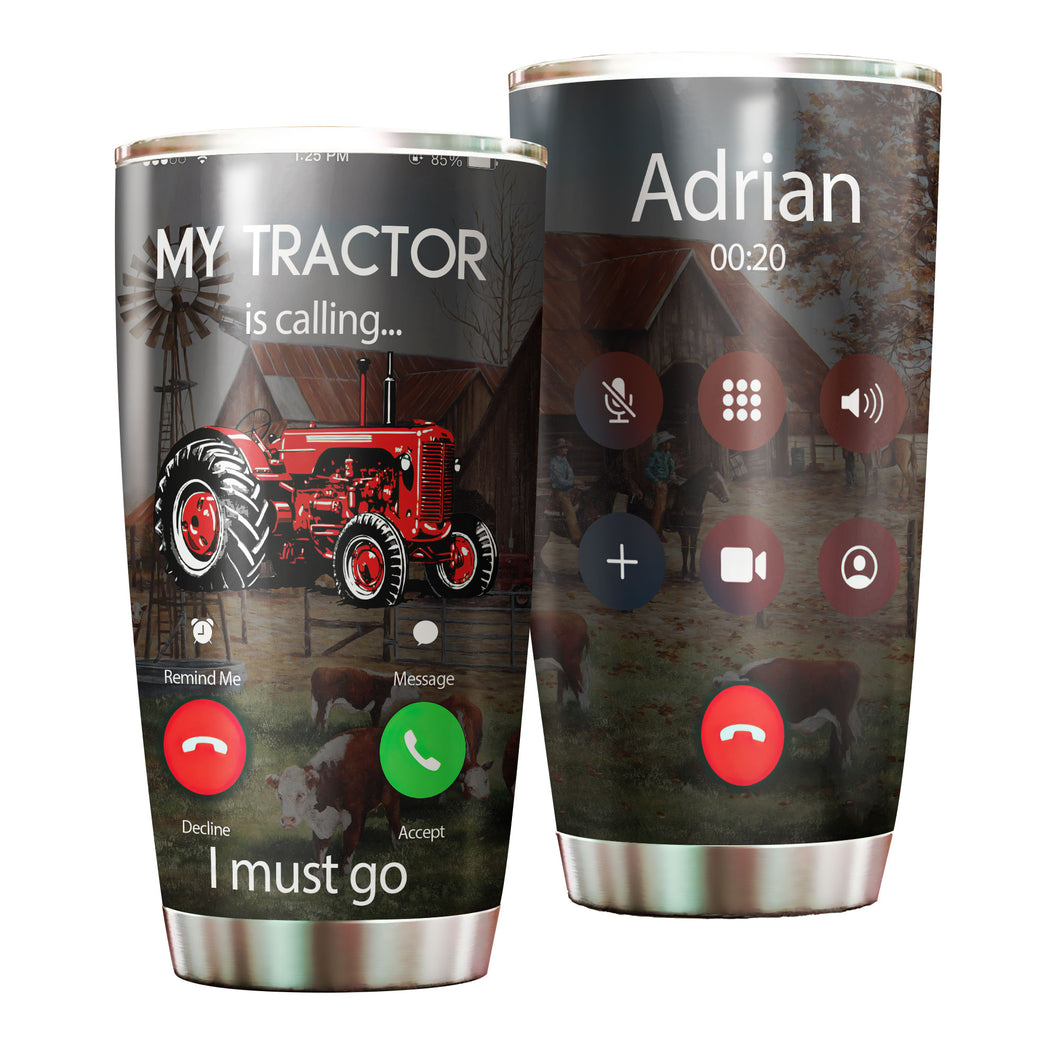 Camellia Personalized Red Tractor Is Calling I Must Go Farming Stainless Steel Tumbler - Double-Walled Insulation Travel Thermal Cup With Lid Gift For Farm Tractor Lover