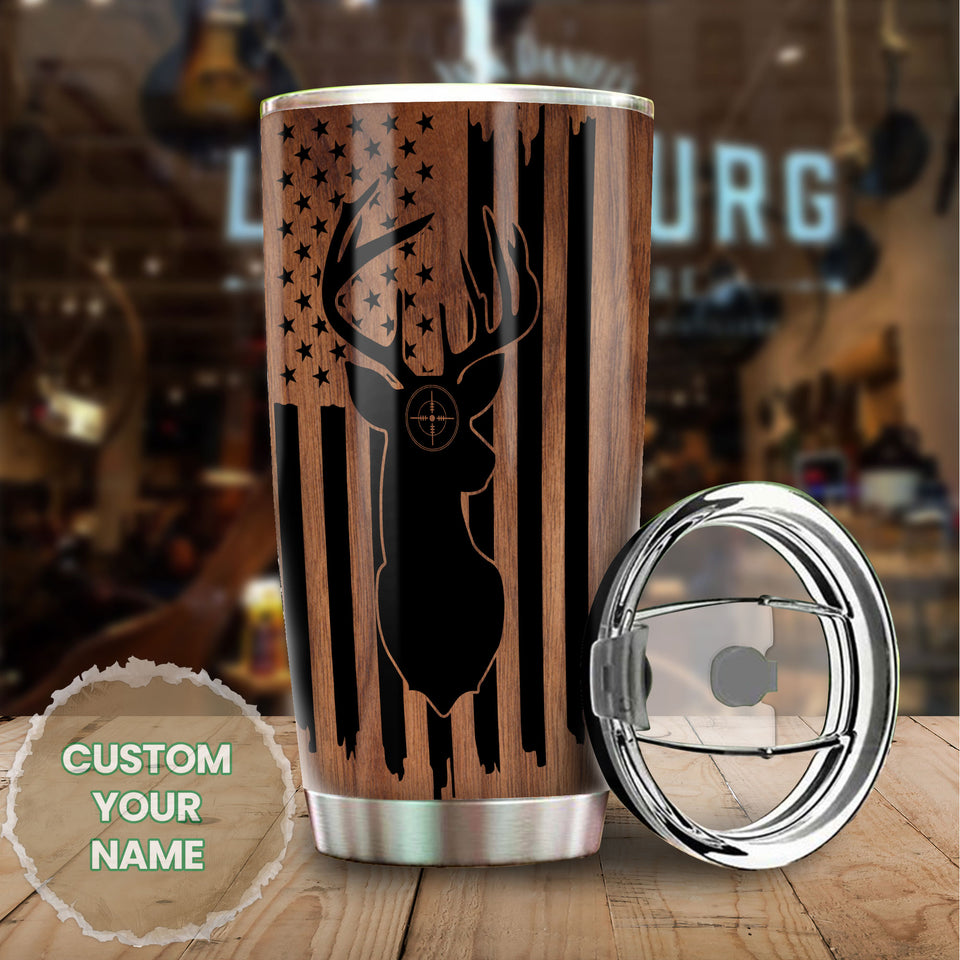 Camellia Personalized Deer Forest Hunting American Flag Wooden Style Stainless Steel Tumbler - Double-Walled Insulation Travel Thermal Cup With Lid Gift For Deer Hunter Men