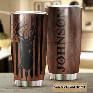Camellia Personalized Deer Forest Hunting American Flag Wooden Style Stainless Steel Tumbler - Double-Walled Insulation Travel Thermal Cup With Lid Gift For Deer Hunter Men