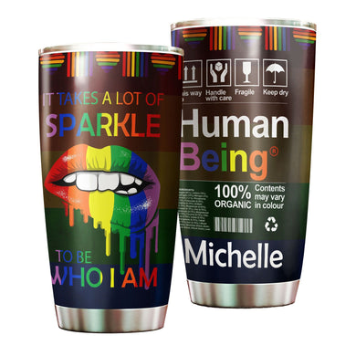 Camellia Personalized Rainbow Flag LGBT Sparkle To Be Who I Am Stainless Steel Tumbler - Double-Walled Insulation Thermal Cup With Lid Gift For Gay Lesbian