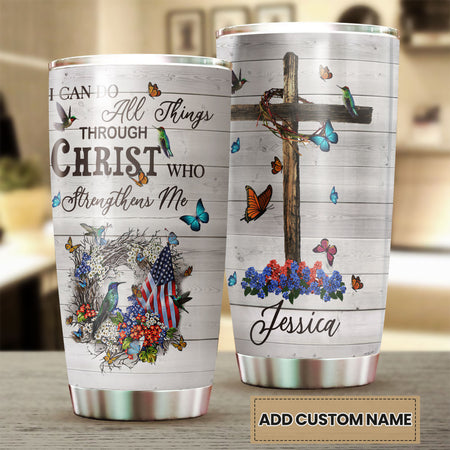 Camellia Personalized I Can Do All Things Christ Strength Me American Stainless Steel Tumbler - Double-Walled Insulation Travel Thermal Cup With Lid Gift For 4th Of July
