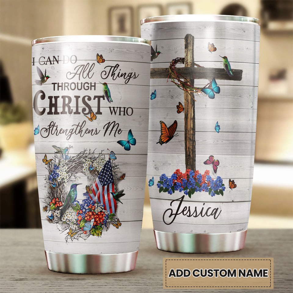 Camellia Personalized I Can Do All Things Christ Strength Me American Stainless Steel Tumbler - Double-Walled Insulation Travel Thermal Cup With Lid Gift For 4th Of July