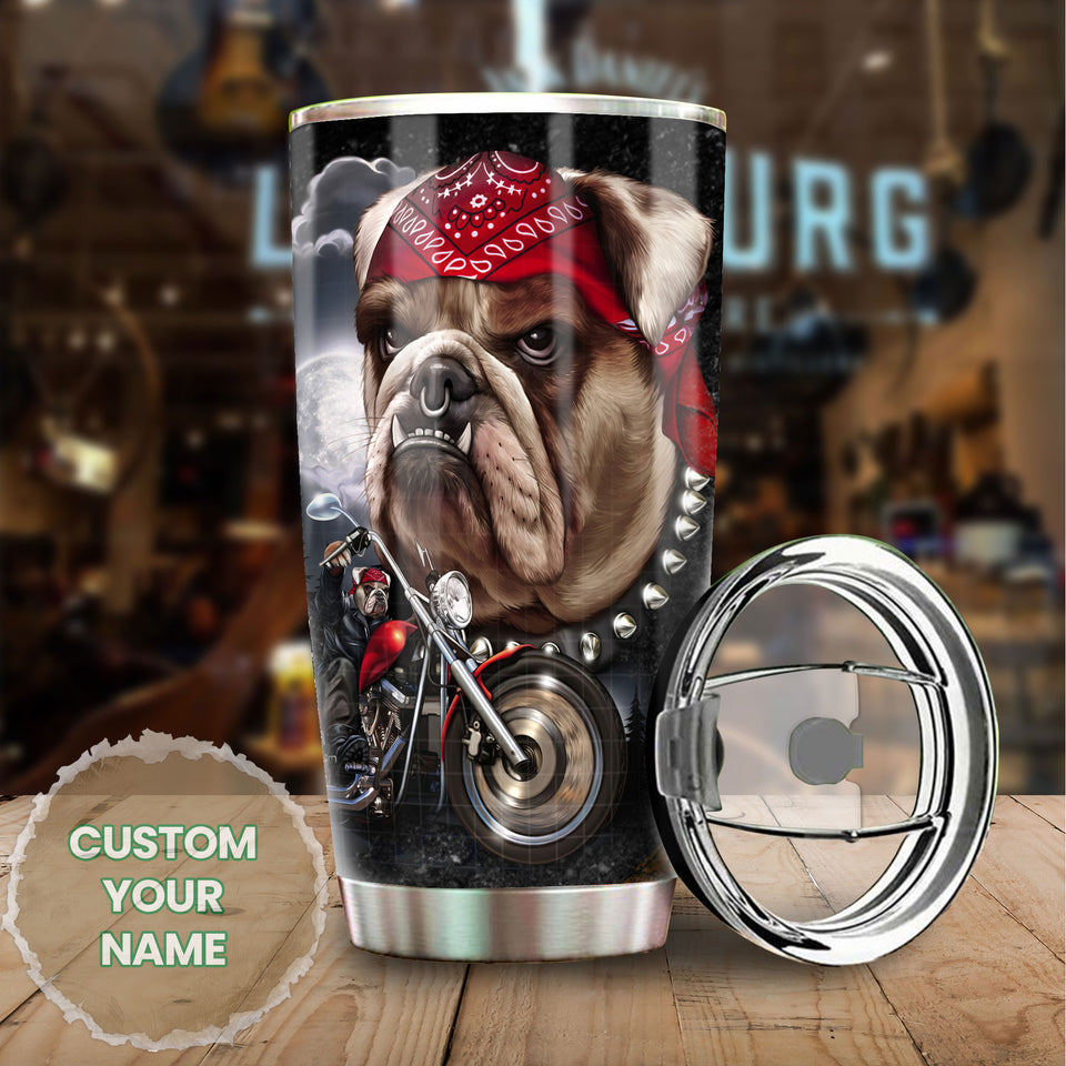 Camellia Personalized Bulldog Biking Race Rain Ride Wind Chase Sunset Metal Style Stainless Steel Tumbler - Double-Walled Insulation Travel Thermal Cup With Lid Gift For Biker