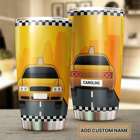 Camellia Personalized American Yellow Taxi Car Graphics Stainless Steel Tumbler - Double-Walled Insulation Travel Thermal Cup With Lid Gift For Taxi Driver Birthday