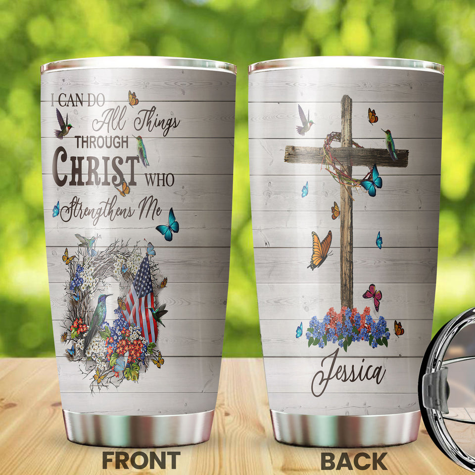 Camellia Personalized I Can Do All Things Christ Strength Me American Stainless Steel Tumbler - Double-Walled Insulation Travel Thermal Cup With Lid Gift For 4th Of July