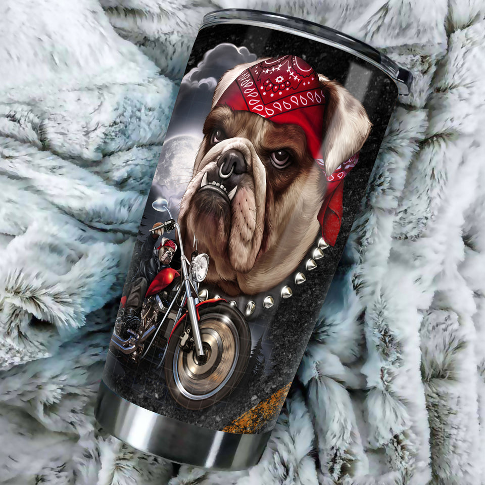 Camellia Personalized Bulldog Biking Race Rain Ride Wind Chase Sunset Metal Style Stainless Steel Tumbler - Double-Walled Insulation Travel Thermal Cup With Lid Gift For Biker