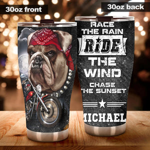 Camellia Personalized Bulldog Biking Race Rain Ride Wind Chase Sunset Metal Style Stainless Steel Tumbler - Double-Walled Insulation Travel Thermal Cup With Lid Gift For Biker