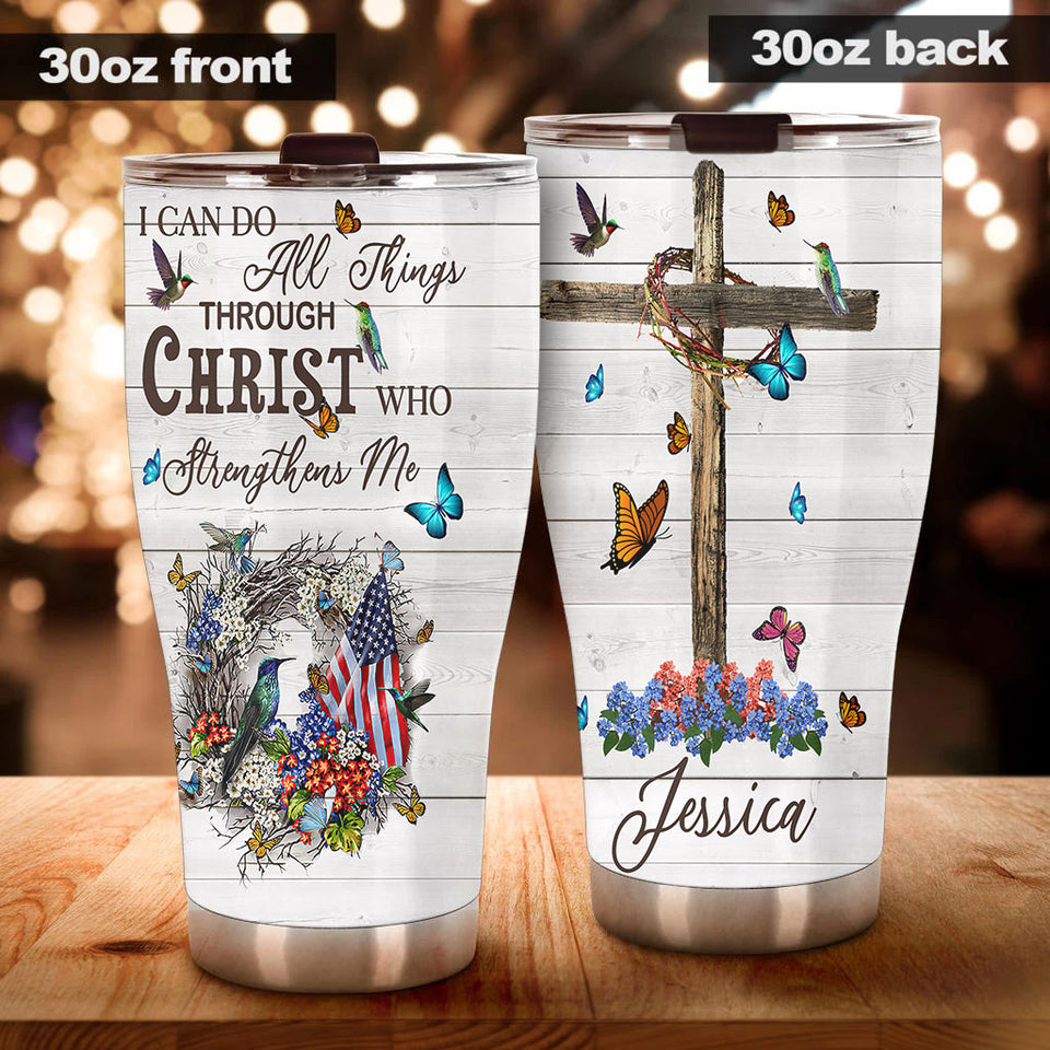 Camellia Personalized I Can Do All Things Christ Strength Me American Stainless Steel Tumbler - Double-Walled Insulation Travel Thermal Cup With Lid Gift For 4th Of July