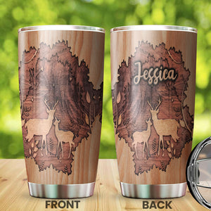 Camellia Personalized Deer Couple Forest Wooden Style Stainless Steel Tumbler - Double-Walled Insulation Travel Thermal Cup With Lid Gift For Valentines Day Couple