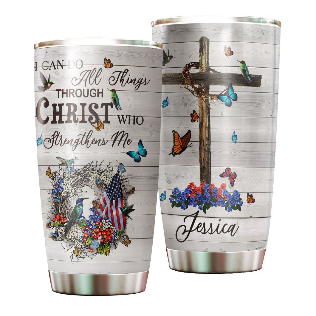 Camellia Personalized I Can Do All Things Christ Strength Me American Stainless Steel Tumbler - Double-Walled Insulation Travel Thermal Cup With Lid Gift For 4th Of July