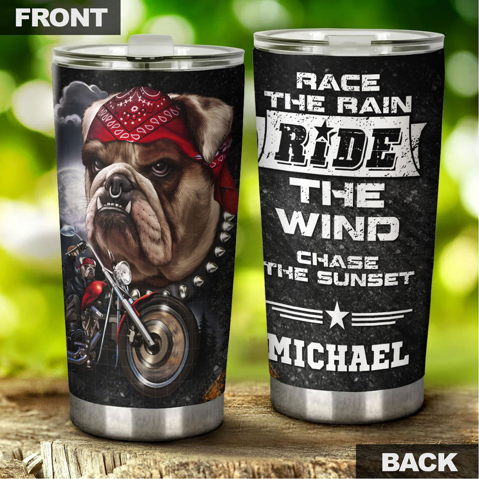 Camellia Personalized Bulldog Biking Race Rain Ride Wind Chase Sunset Metal Style Stainless Steel Tumbler - Double-Walled Insulation Travel Thermal Cup With Lid Gift For Biker