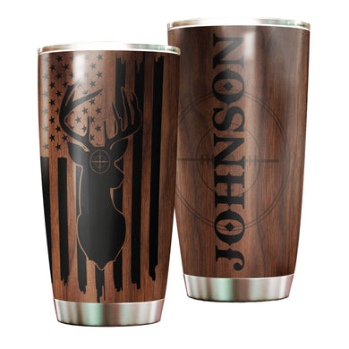 Camellia Personalized Deer Forest Hunting American Flag Wooden Style Stainless Steel Tumbler - Double-Walled Insulation Travel Thermal Cup With Lid Gift For Deer Hunter Men