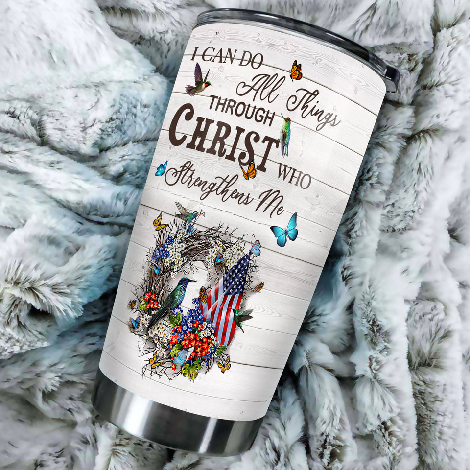 Camellia Personalized I Can Do All Things Christ Strength Me American Stainless Steel Tumbler - Double-Walled Insulation Travel Thermal Cup With Lid Gift For 4th Of July