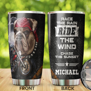 Camellia Personalized Bulldog Biking Race Rain Ride Wind Chase Sunset Metal Style Stainless Steel Tumbler - Double-Walled Insulation Travel Thermal Cup With Lid Gift For Biker