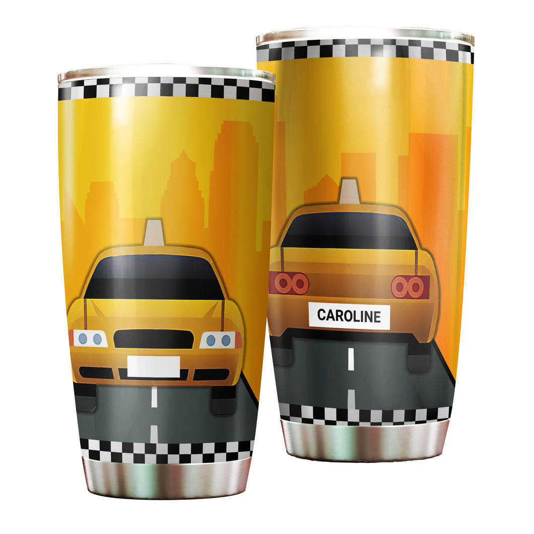Camellia Personalized American Yellow Taxi Car Graphics Stainless Steel Tumbler - Double-Walled Insulation Travel Thermal Cup With Lid Gift For Taxi Driver Birthday