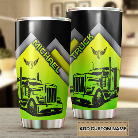 Camellia Personalized Neon Green Truck Graphics Stainless Steel Tumbler - Double-Walled Insulation Travel Thermal Cup With Lid Gift For Trucker Dad Husband Truck Lover