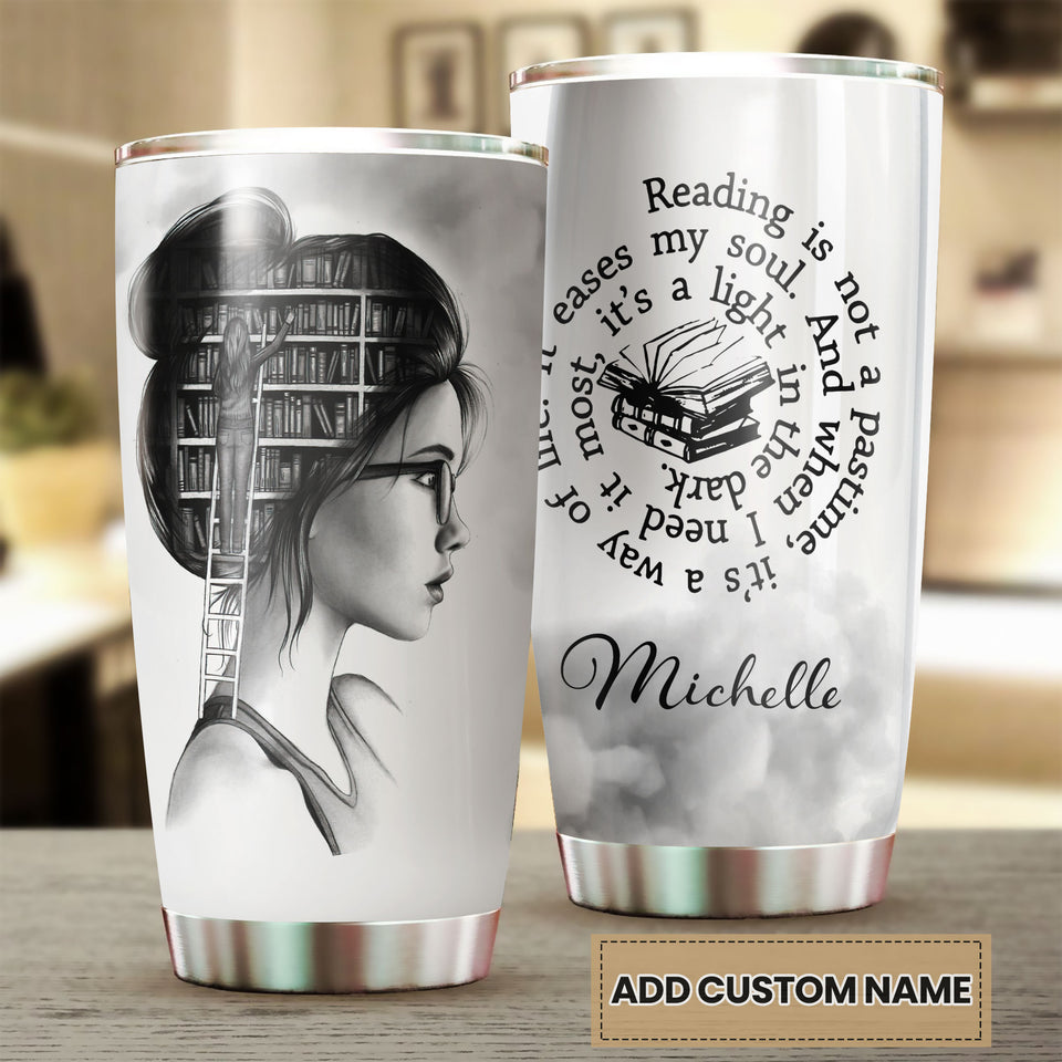 Camellia Personalized Girl Reading A Light In The Dark Stainless Steel Tumbler - Double-Walled Insulation Thermal Cup With Lid Gift For Nerd Reader Book Lover