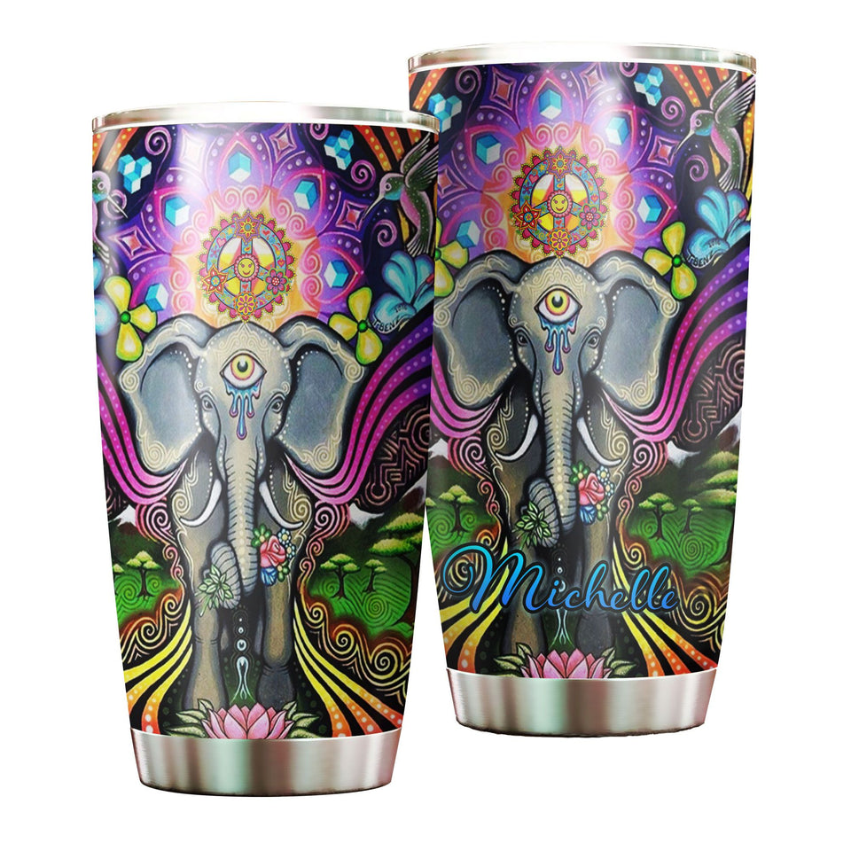 Camellia Personalized Henna Elephant Hippie Peace Lover Stainless Steel Tumbler - Double-Walled Insulation Travel Thermal Cup With Lid Gift For Hipster