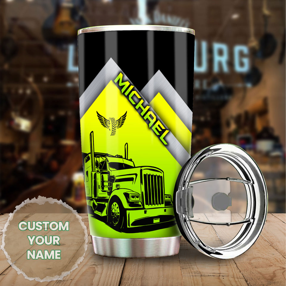 Camellia Personalized Neon Green Truck Graphics Stainless Steel Tumbler - Double-Walled Insulation Travel Thermal Cup With Lid Gift For Trucker Dad Husband Truck Lover