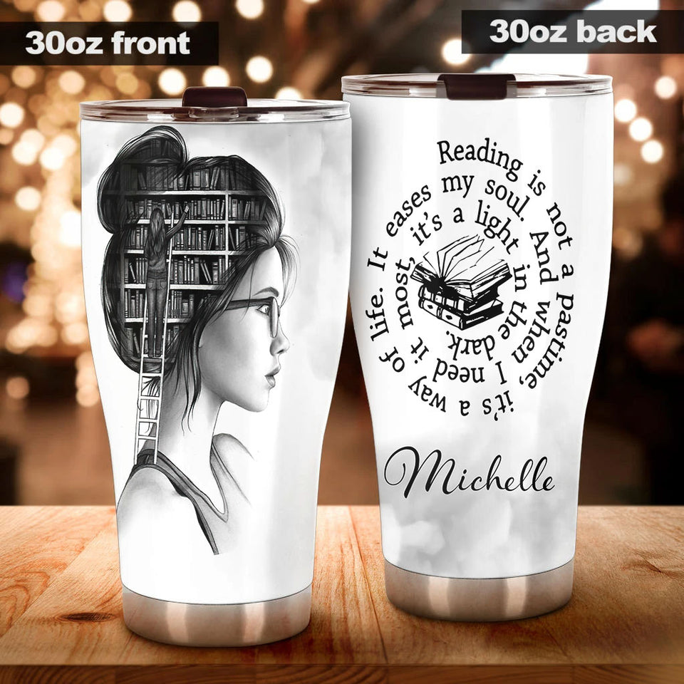 Camellia Personalized Girl Reading A Light In The Dark Stainless Steel Tumbler - Double-Walled Insulation Thermal Cup With Lid Gift For Nerd Reader Book Lover