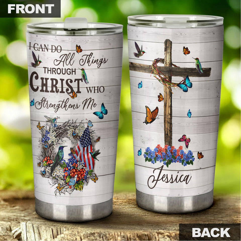 Camellia Personalized I Can Do All Things Christ Strength Me American Stainless Steel Tumbler - Double-Walled Insulation Travel Thermal Cup With Lid Gift For 4th Of July