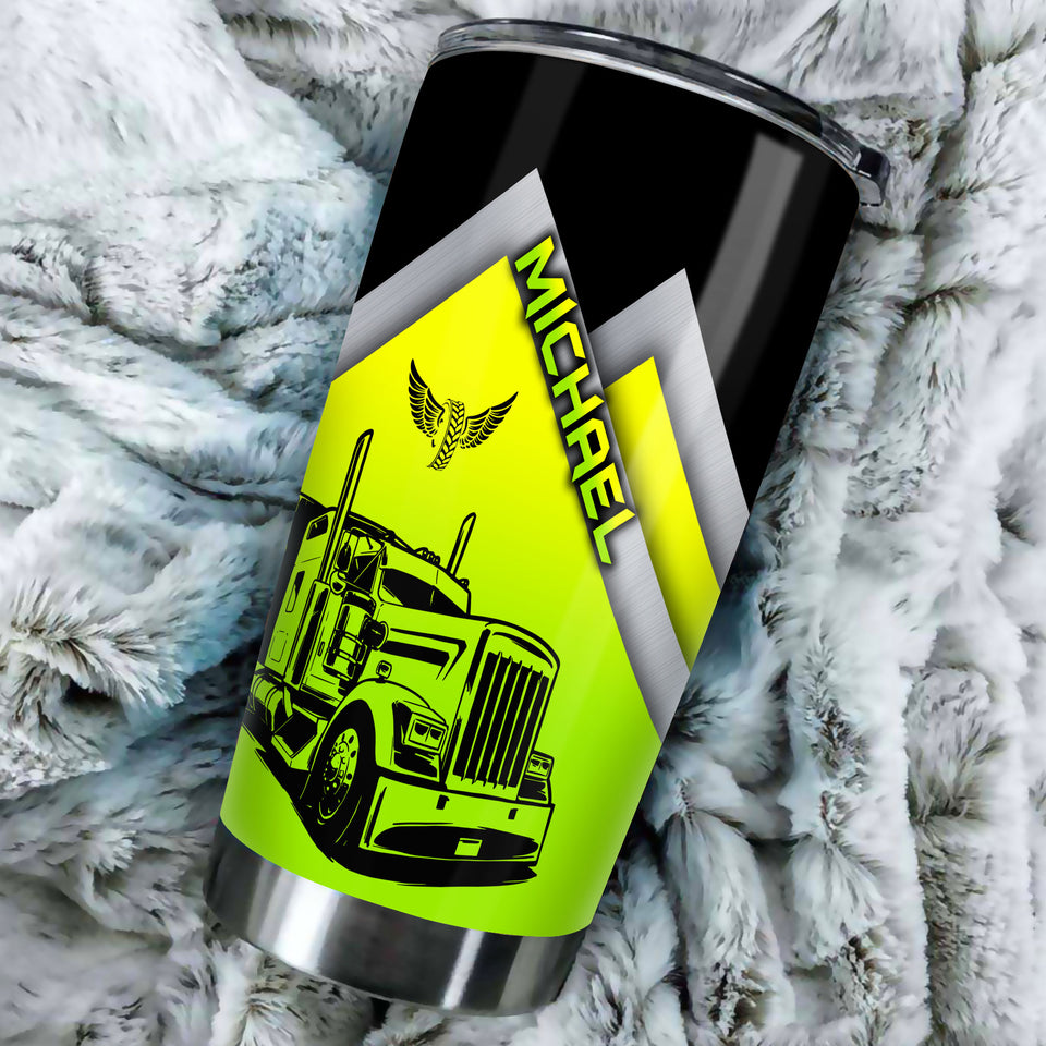 Camellia Personalized Neon Green Truck Graphics Stainless Steel Tumbler - Double-Walled Insulation Travel Thermal Cup With Lid Gift For Trucker Dad Husband Truck Lover