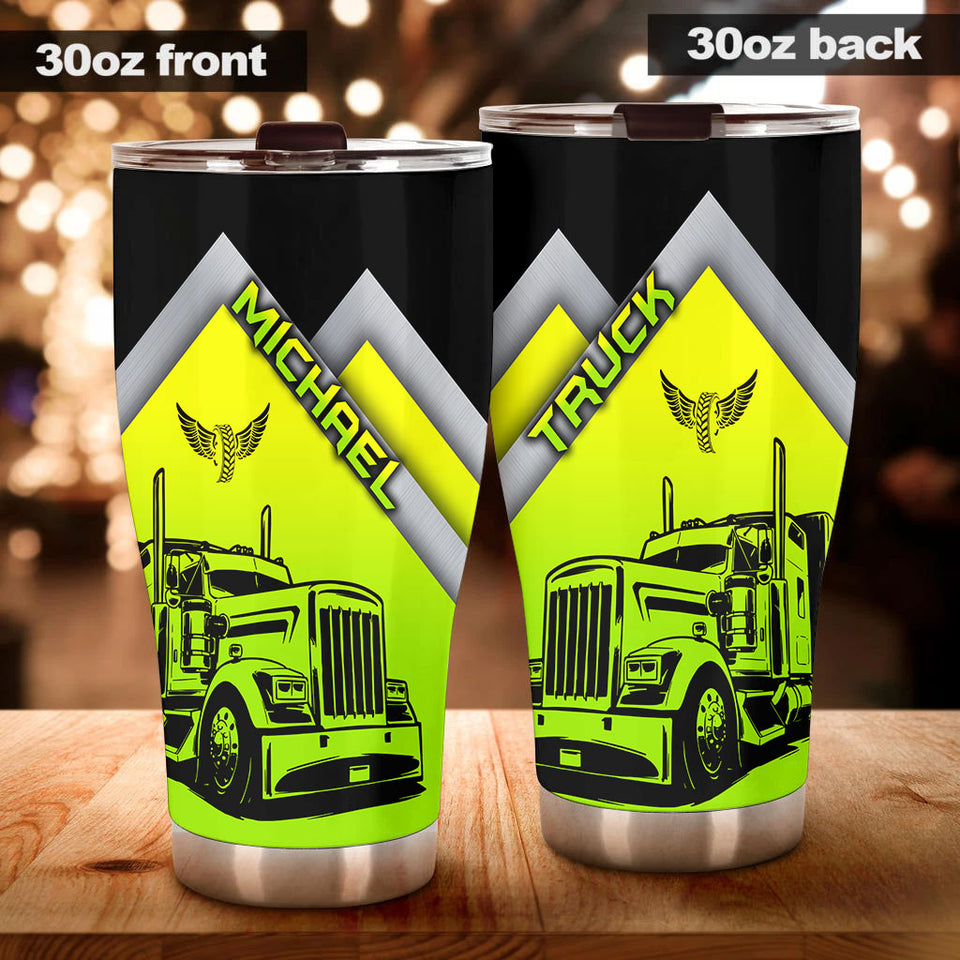 Camellia Personalized Neon Green Truck Graphics Stainless Steel Tumbler - Double-Walled Insulation Travel Thermal Cup With Lid Gift For Trucker Dad Husband Truck Lover