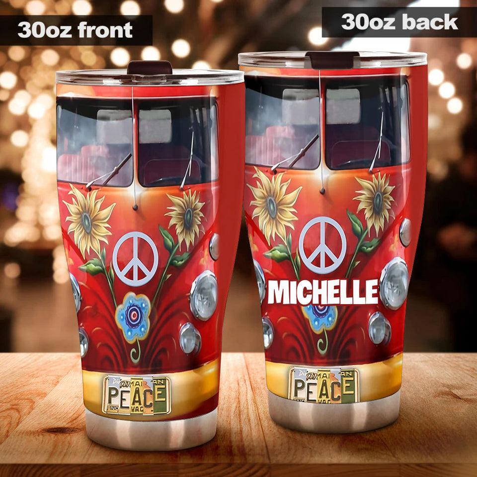 Camellia Personalized Sunflower Hippie Peace Lover Graphics Stainless Steel Tumbler - Double-Walled Insulation Thermal Cup With Lid Gift For Hipster