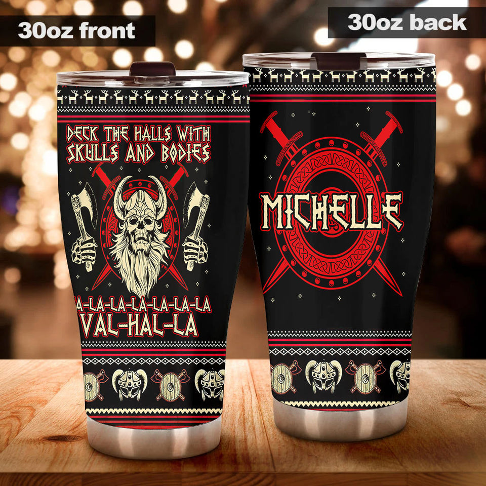 Camellia Personalized Viking Skulls And Bodies Valhalla Stainless Steel Tumbler - Double-Walled Insulation Travel Thermal Cup With Lid Gift For Dad