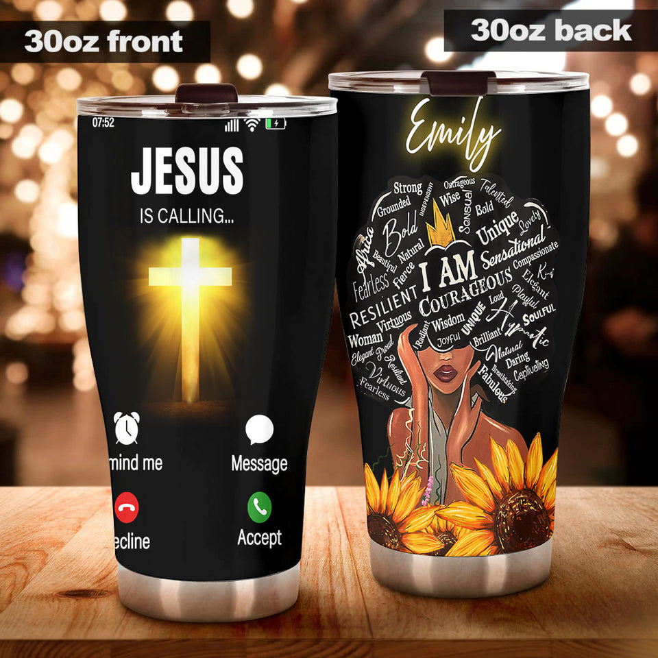 Camellia Personalized Afro Girl I AM Courageous Jesus Calling Stainless Steel Tumbler - Double-Walled Insulation Thermal Cup With Lid Gift For Teenager Girl Women