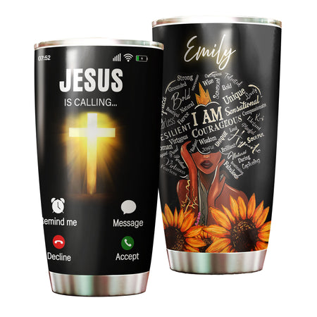 Camellia Personalized Afro Girl I AM Courageous Jesus Calling Stainless Steel Tumbler - Double-Walled Insulation Thermal Cup With Lid Gift For Teenager Girl Women