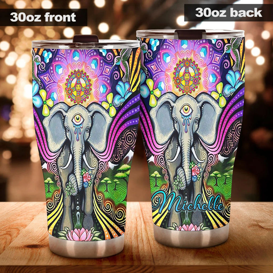 Camellia Personalized Henna Elephant Hippie Peace Lover Stainless Steel Tumbler - Double-Walled Insulation Travel Thermal Cup With Lid Gift For Hipster