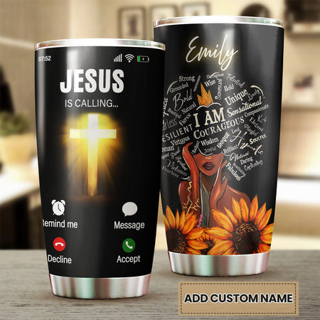 Camellia Personalized Afro Girl I AM Courageous Jesus Calling Stainless Steel Tumbler - Double-Walled Insulation Thermal Cup With Lid Gift For Teenager Girl Women