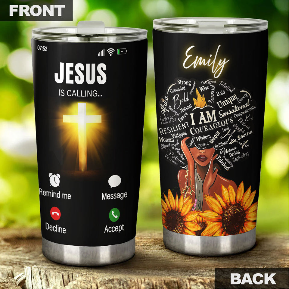 Camellia Personalized Afro Girl I AM Courageous Jesus Calling Stainless Steel Tumbler - Double-Walled Insulation Thermal Cup With Lid Gift For Teenager Girl Women