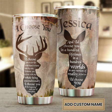 Camellia Personalized Deers Couple I Choose You Vintage Stainless Steel Tumbler - Double-Walled Insulation Travel Thermal Cup With Lid Gift For Valentines Day Couple