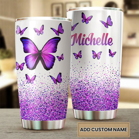 Camellia Personalized Violet Butterfly Graphics Stainless Steel Tumbler - Double-Walled Insulation Thermal Cup With Lid Gift For Memorial Day