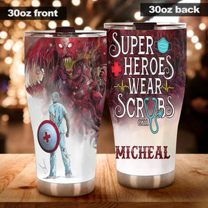 Camellia Personalized Superheroes Wear Scrub Stainless Steel Tumbler - Double-Walled Insulation Thermal Cup With Lid Gift For Nurse Doctor