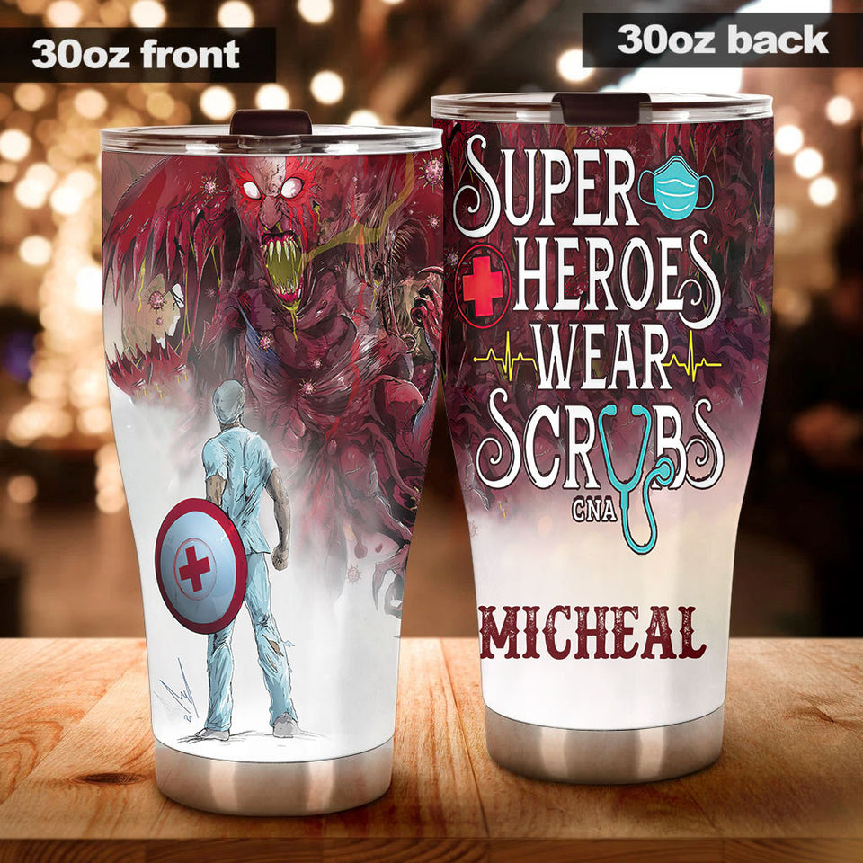 Camellia Personalized Superheroes Wear Scrub Stainless Steel Tumbler - Double-Walled Insulation Thermal Cup With Lid Gift For Nurse Doctor
