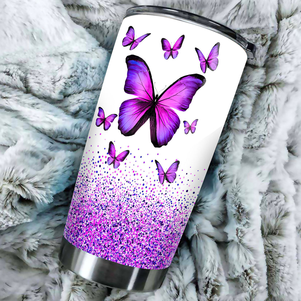 Camellia Personalized Violet Butterfly Graphics Stainless Steel Tumbler - Double-Walled Insulation Thermal Cup With Lid Gift For Memorial Day