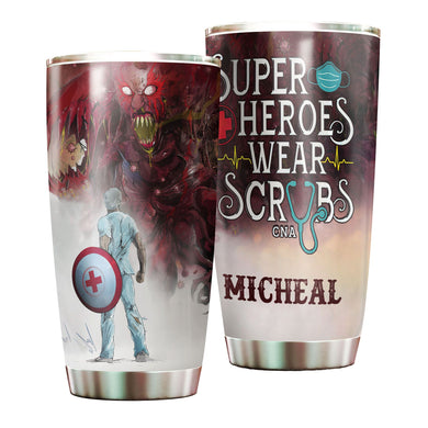 Camellia Personalized Superheroes Wear Scrub Stainless Steel Tumbler - Double-Walled Insulation Thermal Cup With Lid Gift For Nurse Doctor