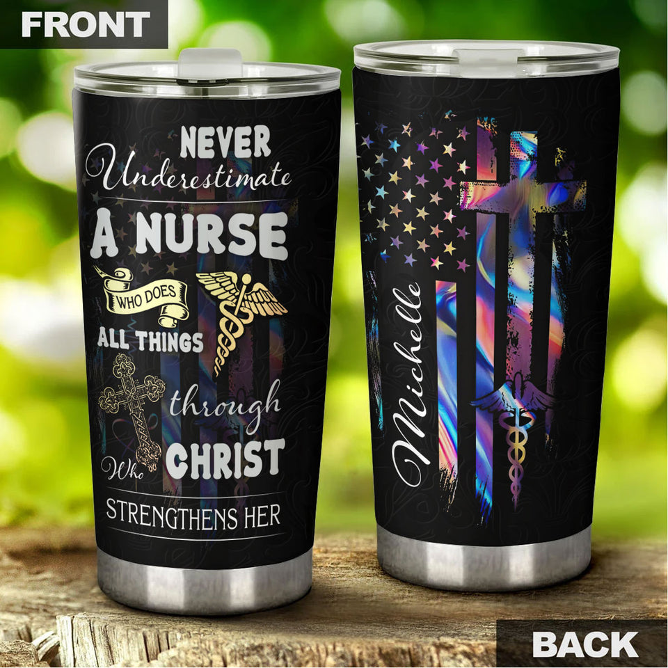 Camellia Personalized Never Underestimate A Nurse Stainless Steel Tumbler - Customized Double-Walled Insulation Thermal Cup With Lid Gift For Nurse