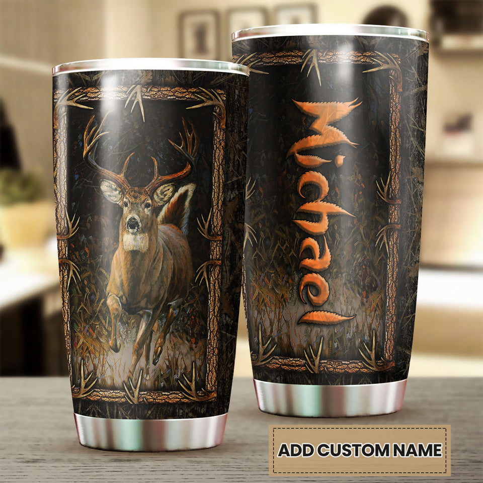 Camellia Personalized Deer Forest Hunting Wooden Style Stainless Steel Tumbler - Double-Walled Insulation Travel Thermal Cup With Lid Gift For Deer Hunter Men