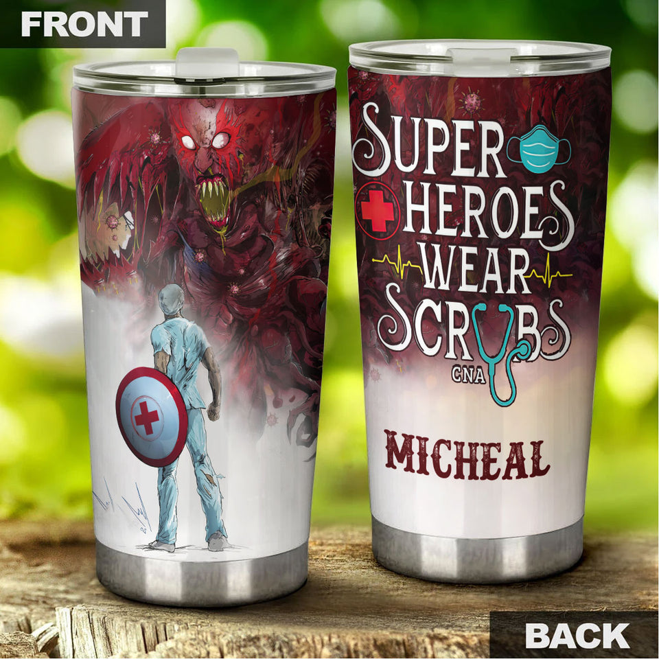 Camellia Personalized Superheroes Wear Scrub Stainless Steel Tumbler - Double-Walled Insulation Thermal Cup With Lid Gift For Nurse Doctor