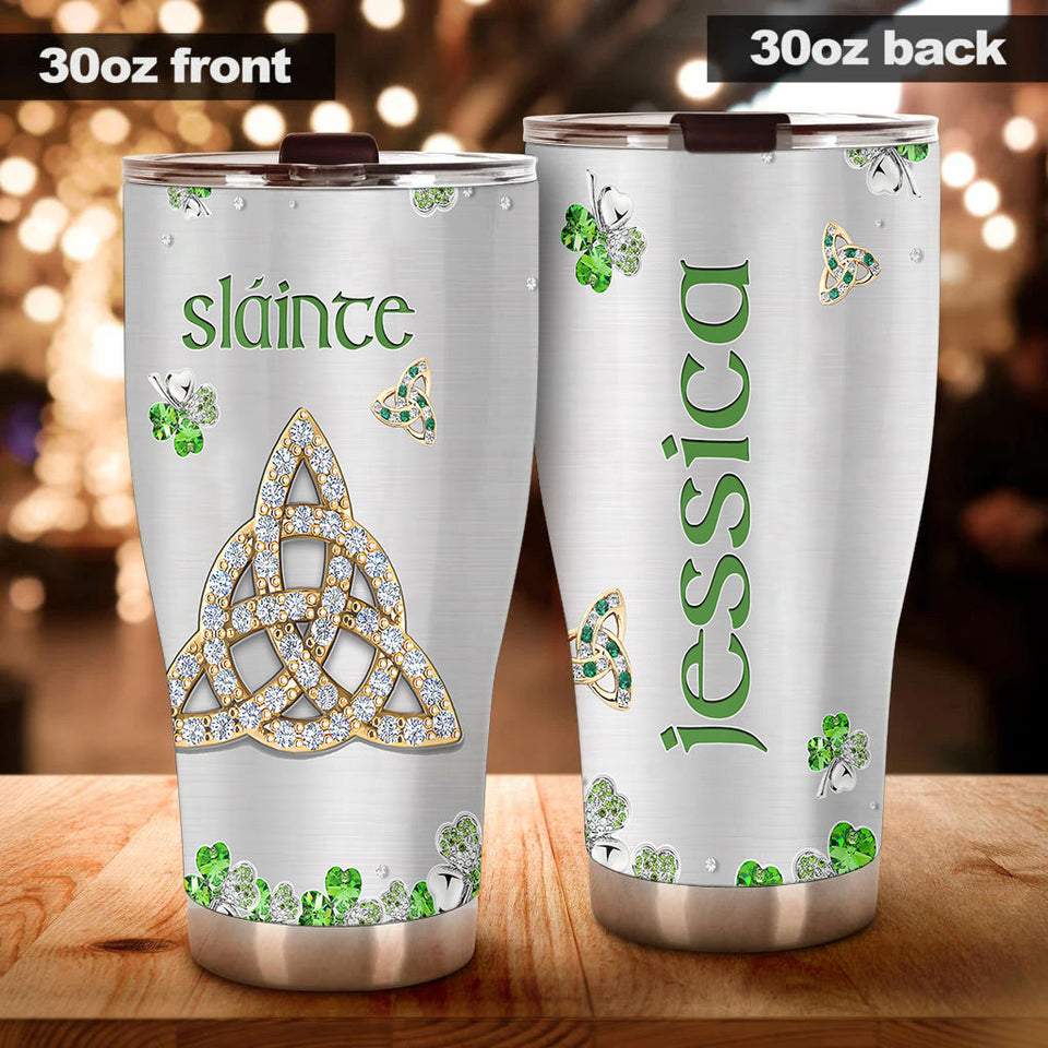 Camellia Personalized Slainte Irish Jewelry Style Green Stainless Steel Tumbler - Double-Walled Insulation Travel Thermal Cup With Lid