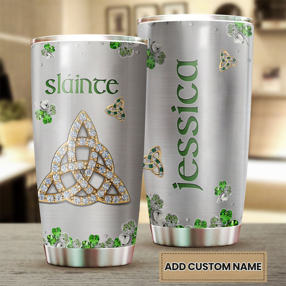 Camellia Personalized Slainte Irish Jewelry Style Green Stainless Steel Tumbler - Double-Walled Insulation Travel Thermal Cup With Lid