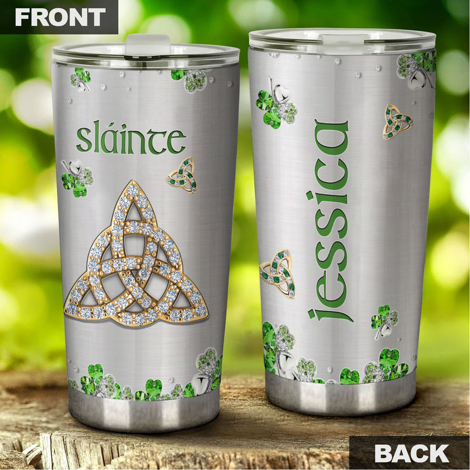 Camellia Personalized Slainte Irish Jewelry Style Green Stainless Steel Tumbler - Double-Walled Insulation Travel Thermal Cup With Lid