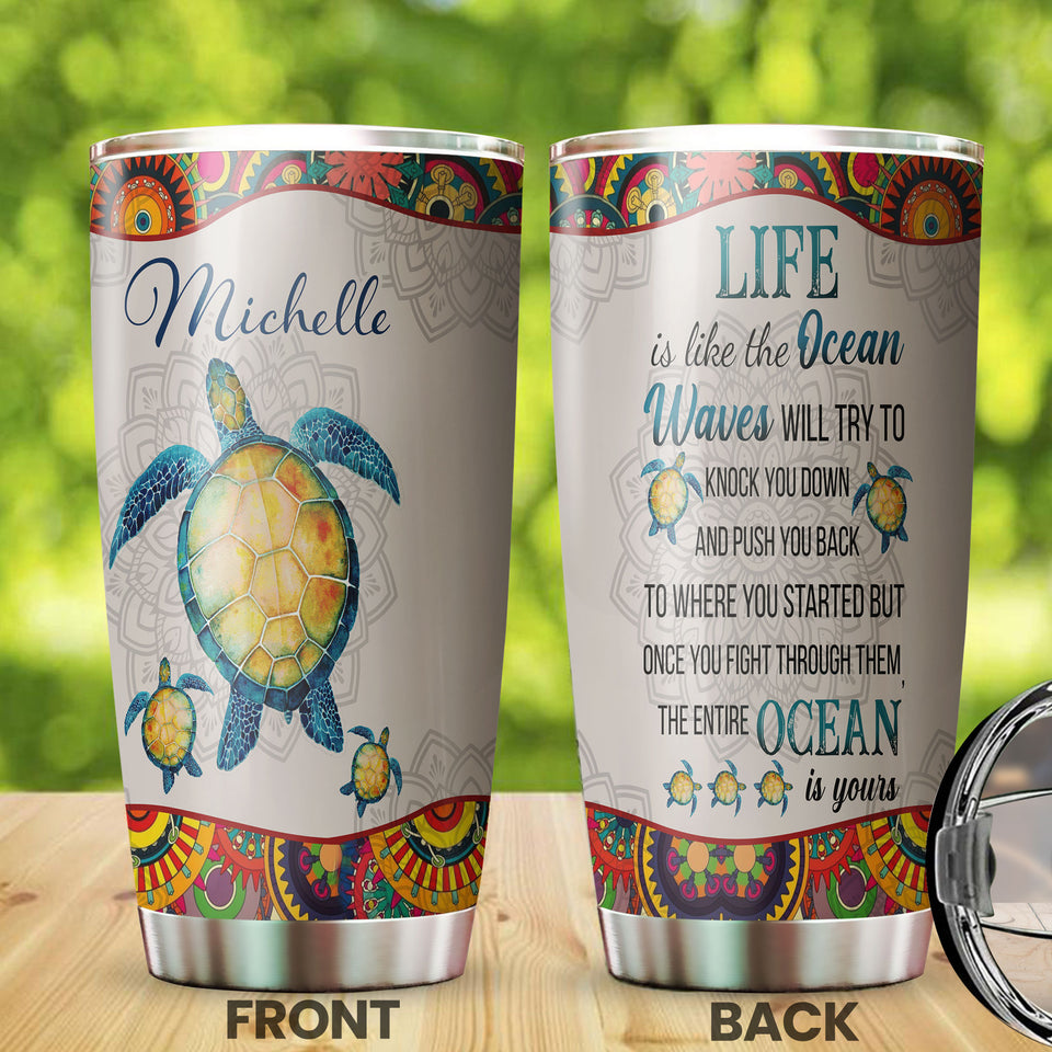 Camellia Personalized Turtle Life Is Like The Ocean Motivational Quote Stainless Steel Tumbler - Double-Walled Insulation Travel Thermal Cup With Lid