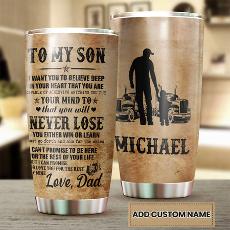 Camellia Personalized Trucker Vintage To My Son Loving Letters Stainless Steel Tumbler - Double-Walled Insulation Thermal Cup With Lid Dad Gift For Son Boys Birthday