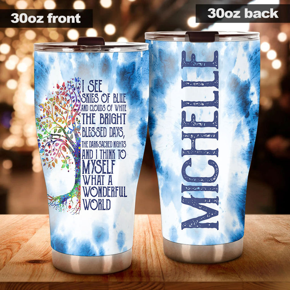 Camellia Personalized Watercolor What A Wonderful World Positive Quote Stainless Steel Tumbler - Double-Walled Insulation Thermal Cup With Lid