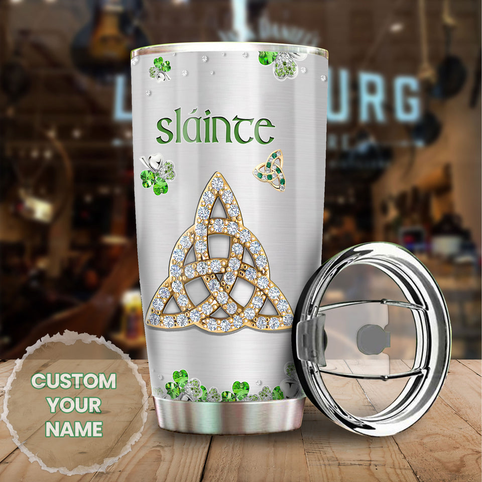Camellia Personalized Slainte Irish Jewelry Style Green Stainless Steel Tumbler - Double-Walled Insulation Travel Thermal Cup With Lid